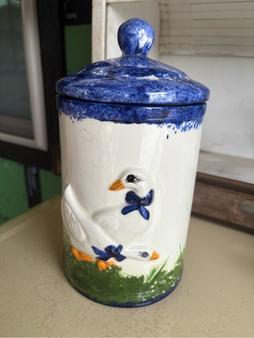 Vintage  White Ceramic Duck/Goose  Canister with Blue Lid